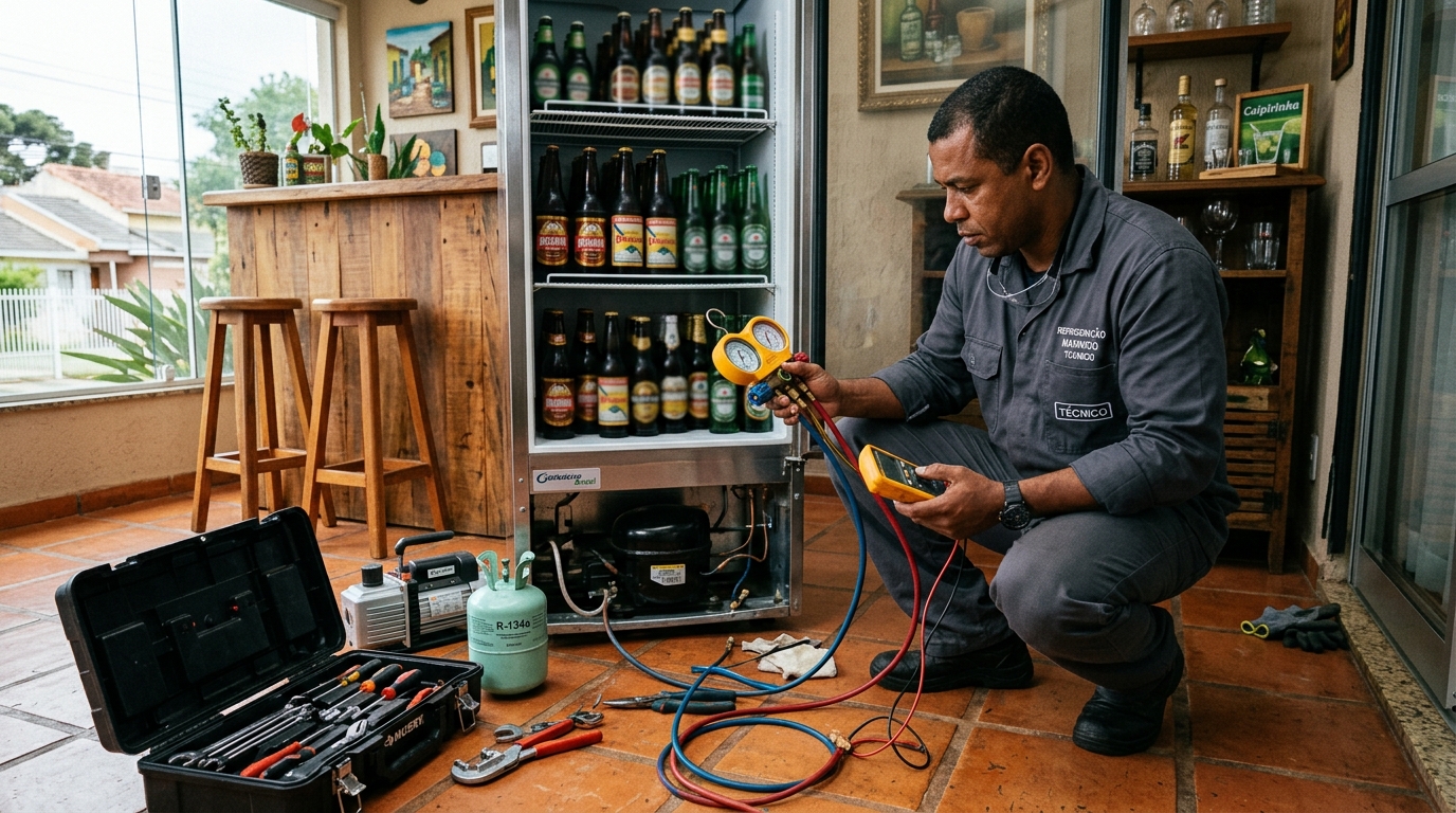 Técnico revisando o motor de uma cervejeira durante chamado em Limeira‑SP