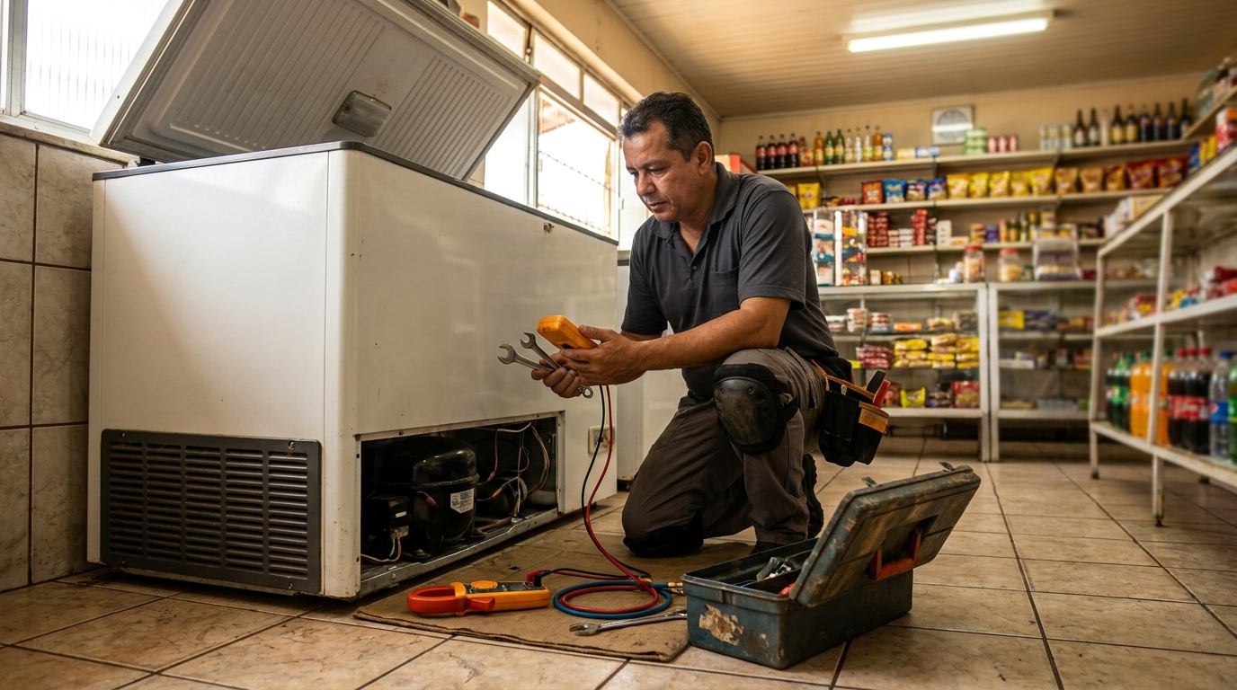 Técnico avaliando um freezer vertical durante atendimento em Limeira‑SP